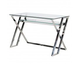 Luxusný art-deco písací stôl Miami s prekríženými nožičkami v chrómovom striebornom prevedení a vrchnou doskou a policou so skla