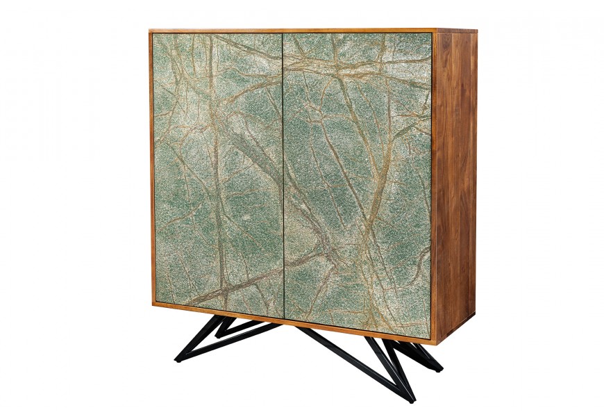 Moderný art deco príborník Elentia z akáciového dreva s mramorovým dizajnom v zelenej farbe s kovovými nožičkami 120 cm