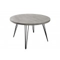 Okrúhly jedálenský stôl Moonlight s vrchnou doskou z dreva mangovníka v svetlej sivej farbe s čiernymi matnými kovovými nožičkami v industriálnom štýle