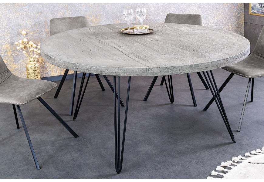 Industriálny okrúhly jedálenský stôl Moonlight s vrchnou doskou z mangového masívu v svetlom sivom spracovaní 120 cm