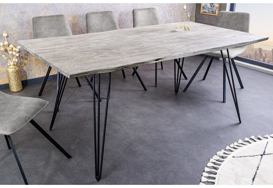 Industriálny obdĺžnikový jedálenský stôl Moonlight so svetlou sivou vrchnou doskou z akáciového masívu 140 cm