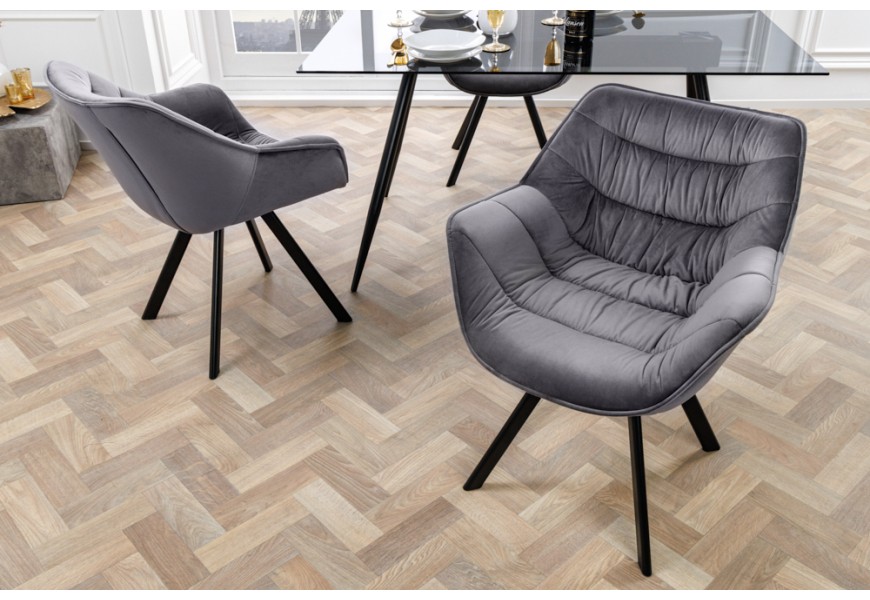 Moderná sivá otočná jedálenská stolička Monzana s prešívaným zamatovým poťahom a kovovými nožičkami 82 cm