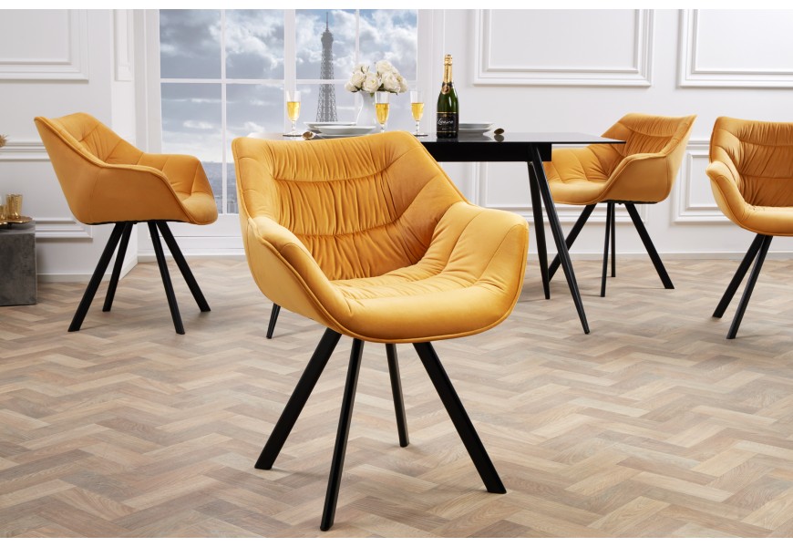 Dizajnové kreslo Antik so zamatovým prešívaným čalúnením v žltej farbe s čiernymi matnými kovovými nožičkami