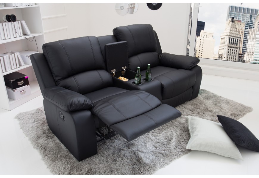 Moderná dvojmiestna kinosedačka Phoenix s úložným priestorom a vysúvacou podnožkou s čiernym poťahom z kože 187 cm