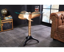 Okrúhly príručný stolík Helice s vrchnou doskou zo skla a so zlatou nohou s vintage dizajnom lodnej skrutky