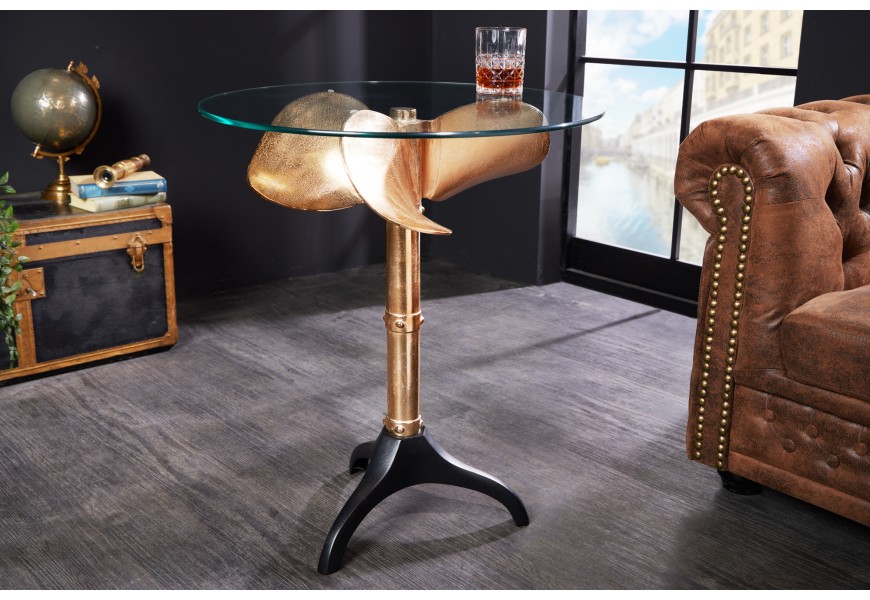 Okrúhly príručný stolík Helice s vrchnou doskou zo skla a so zlatou nohou s vintage dizajnom lodnej skrutky