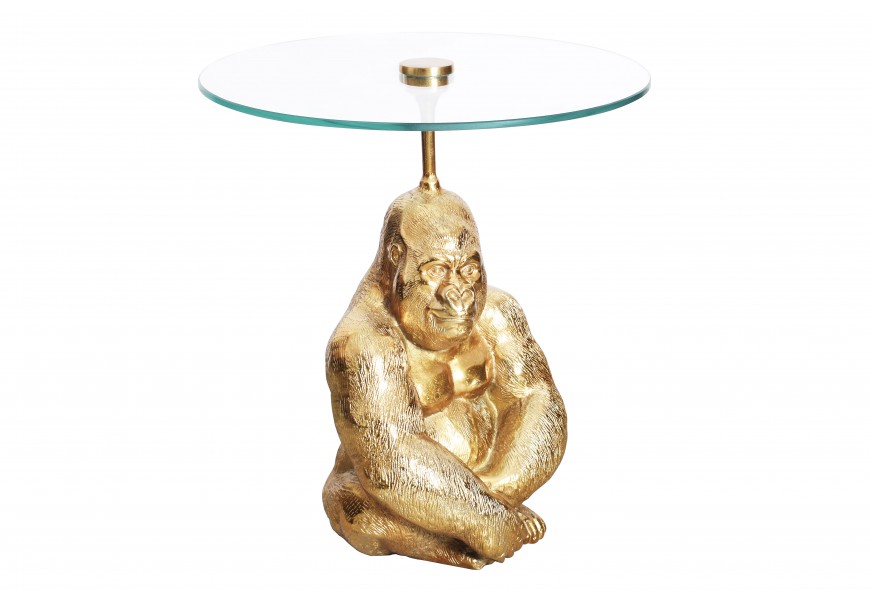 Luxusný okrúhly príručný stolík Wilde v art-deco štýle s podstavou s figúrou gorily v zlatej farbe a sklenenou doskou 51 cm