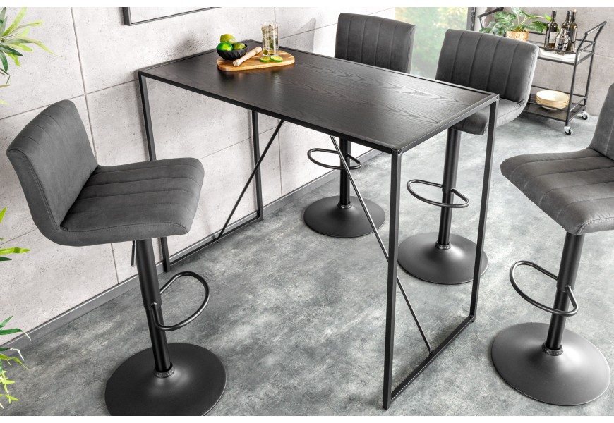 Industriálny obdĺžnikový barový stôl Industria Negra v čiernej farbe s tenkými kovovými nožičkami a drevenou vrchnou doskou
