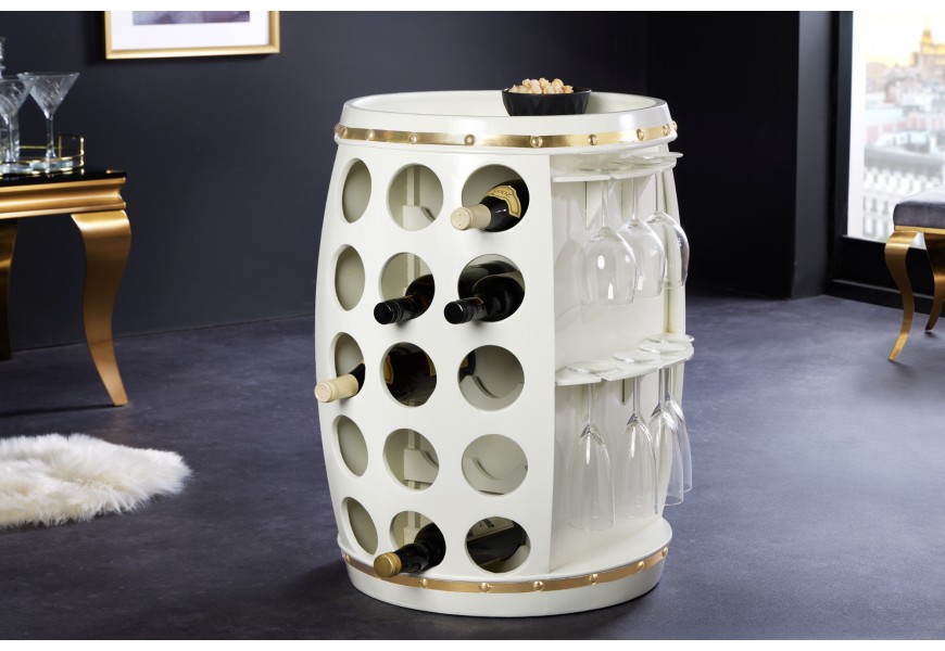 Biela vinotéka s dizajnom suda so stojanom na 30 fliaš a držiakom na 14 pohárov s okrúhlou stolovou vrchnou doskou so zlatým kovaním