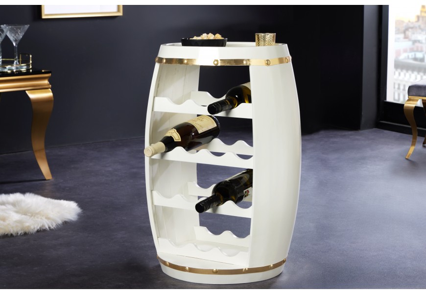 Biela vinotéka Crawley s dizajnom suda so zlatou obručou so štyrmi policami s úložným priestorom na štrnásť fliaš a okrúhlou vrchnou doskou