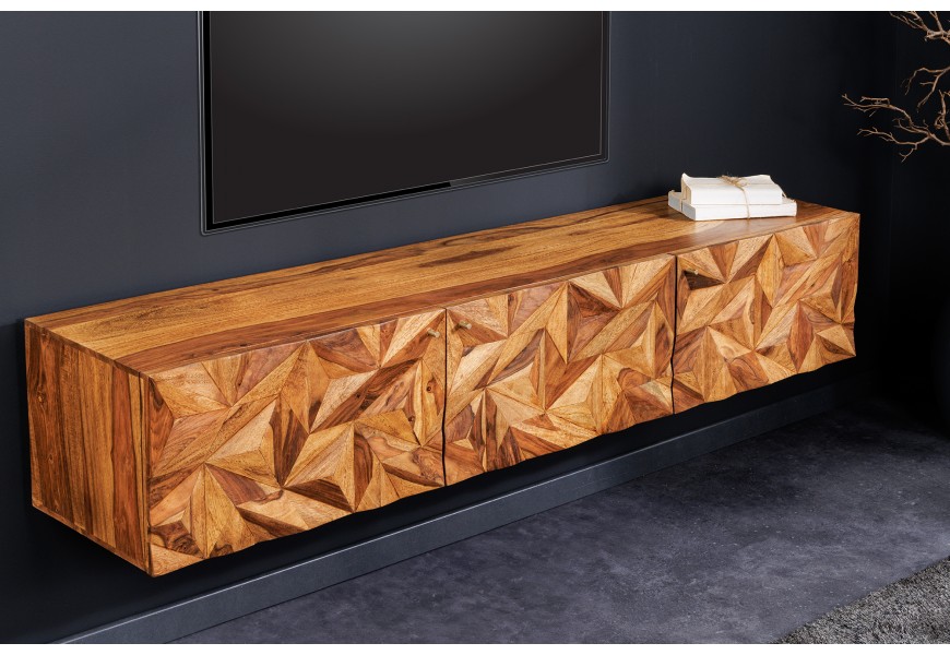 Dizajnový retro nástenný stolík z masívneho akáciového dreva s tromi dvierkami s diamantovým reliéfom v svetlo hnedej farbe