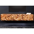 Dizajnový retro nástenný TV stolík Camille III z masívneho akáciového dreva s tromi dvierkami s diamantovými 3D tvarmi 160cm