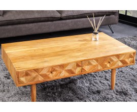Dizajnový retro konferenčný stolík Camille z masívneho akáciového dreva v medovom zafarbení s dvoma zásuvkami 102cm