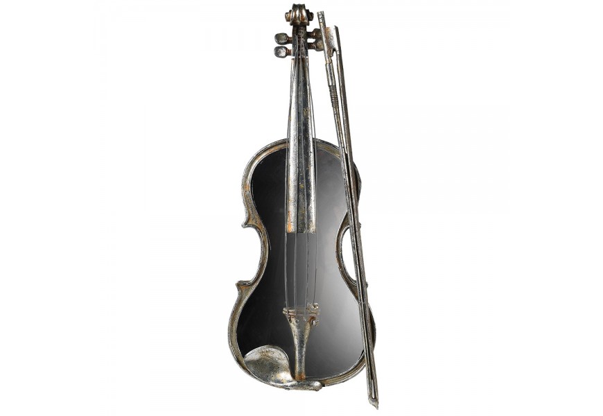 Vintage závesná dekorácia Vivaldi s dizajnom huslí so sláčikom s lesklým zrkadlovým povrchom a kovovými detailmi v striebornej farbe s patinou