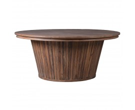 Vintage okrúhly jedálenský stôl Tambour so širokou nohou ozdobenou vertikálnym vykladaným vzorom a s vrchnou doskou s prírodnou kresbou letokruhov z brestového dreva hnedá