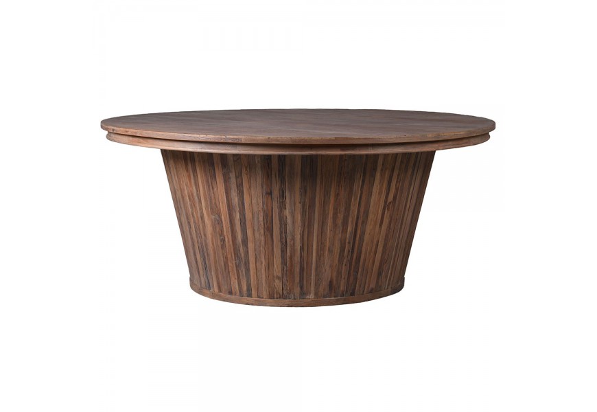 Vintage okrúhly jedálenský stôl Tambour so širokou nohou ozdobenou vertikálnym vykladaným vzorom a s vrchnou doskou s prírodnou kresbou letokruhov z brestového dreva hnedá