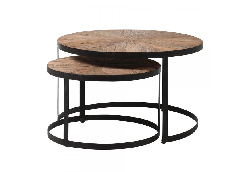 Industriálny set dvoch okrúhlych konferenčných stolíkov z tmavého dubového dreva a čiernej kovovej podstavy