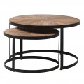 Industriálny set dvoch okrúhlych konferenčných stolíkov z tmavého dubového dreva a čiernej kovovej podstavy