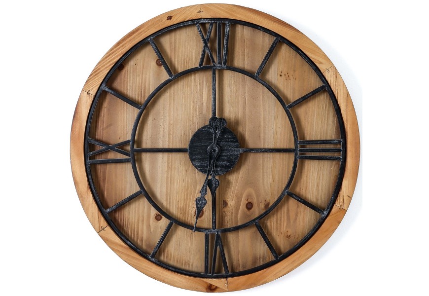Industriálne štýlové okrúhle nástenné hodiny Kingscross na masívnej drevenej doske 60cm