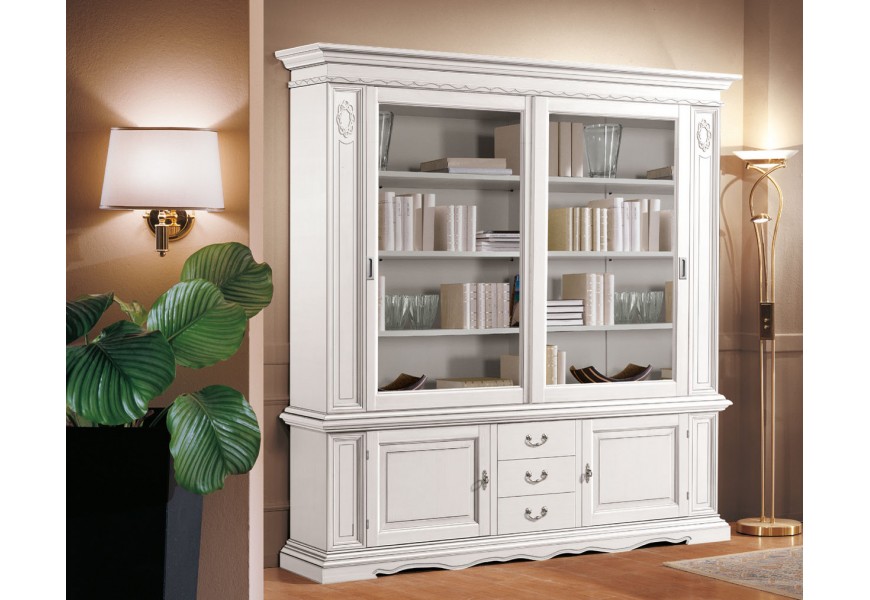 Luxusná talianská baroková dvojdverová vitrína z masívneho dreva v bielej farbe so zásuvkami a dvierkami