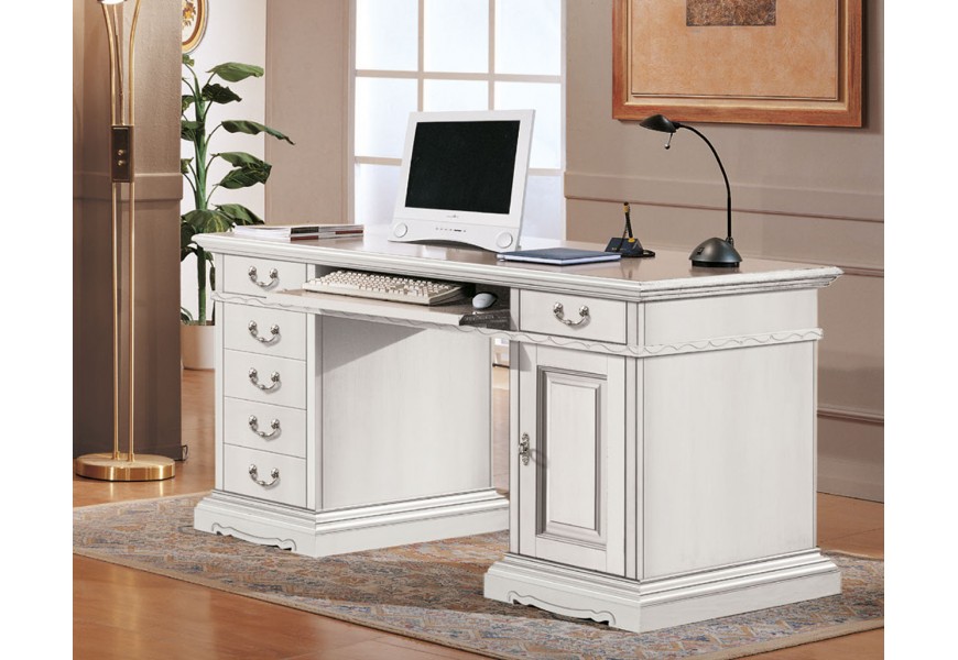 Luxusný barokový pracovný písací stôl Salik z masívneho dreva v bielej farbe so šiestimi zásuvkami a jednými dvierkami