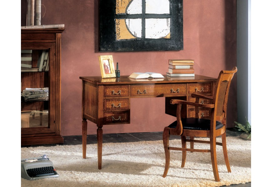 Luxusný barokový pracovný stôl Selest z masívneho dreva v hnedej farbe so siedmimi zásuvkami a štyrmi nožičkami