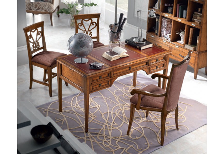 Luxusný barokový pracovný stôl Lasil z dreveného masívu v hnedej farbe s piatimi zásuvkami a kovovými rúčkami