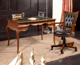 Luxusný barokový pracovný stôl Leers z masívneho dreva v hnedej farbe a so zeleným detailom na pracovnej doske so štyrmi bočnými zásuvkami