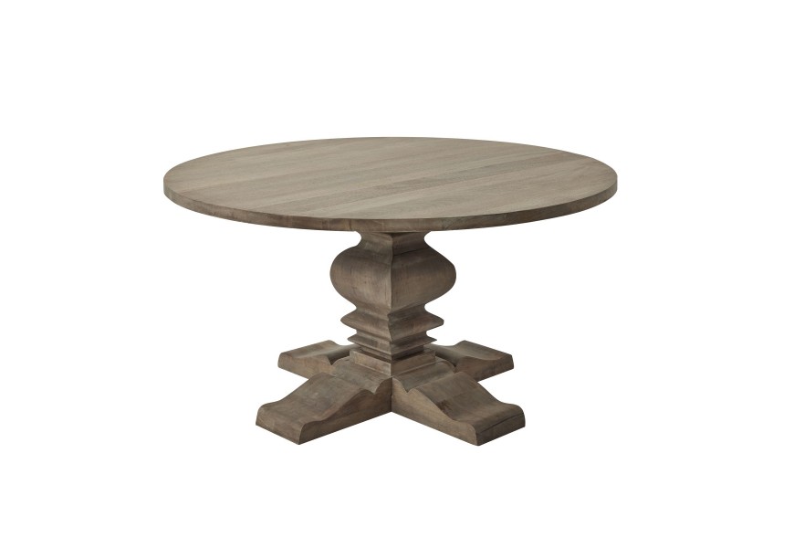 Luxusný vintage okrúhly jedálenský stôl Antiquités Francaises z masívneho dreva s vyrezávanou nohou vo vidieckom štýle a podstavou v tvare kríža v svetlej pieskovej hnedej farbe