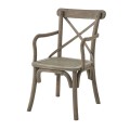 Luxusná jedálenská stolička Antiquités Francaises z masívneho dreva v svetlej hnedej farbe s vintage opracovaním s opierkami na ruky a krížovou opierkou na chrbát s vypletaným sedadlom