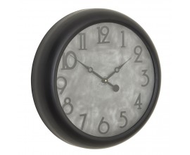 Luxusné okrúhle nástenné hodiny Antiquités Francaises vo vintage štýle s čiernym rámom a betónovým sivým ciferníkom 50 cm