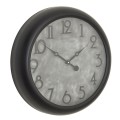 Luxusné vintage okrúhle nástenné hodiny Antiquités Francaises s čiernym kovovým rámom a ciferníkom s betónovým dizajnom v sivej farbe so sivým číselníkom s ručičkami
