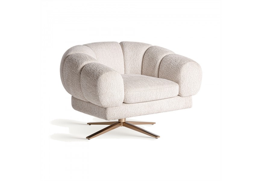 Luxusne otočne glamour kreslo so čalúneným zamatovým prešívaným poťahom v sivo bielej farbe s nožičkami v medenej farbe