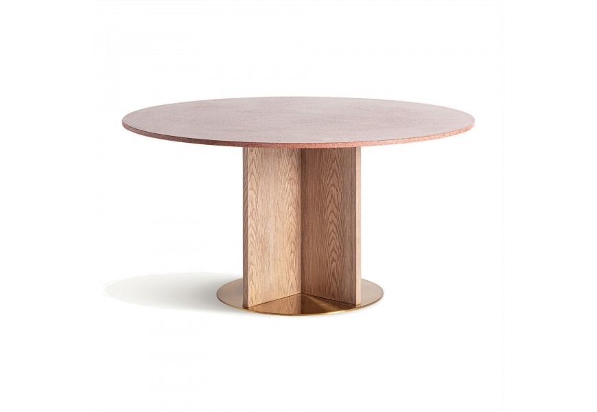 Luxusný Art-deco okrúhly jedalensky stôl s povrchovou terazzo doskou v tehlovo červenej farby s podstavou z dubového masívu v svetlo prírodnej farbe