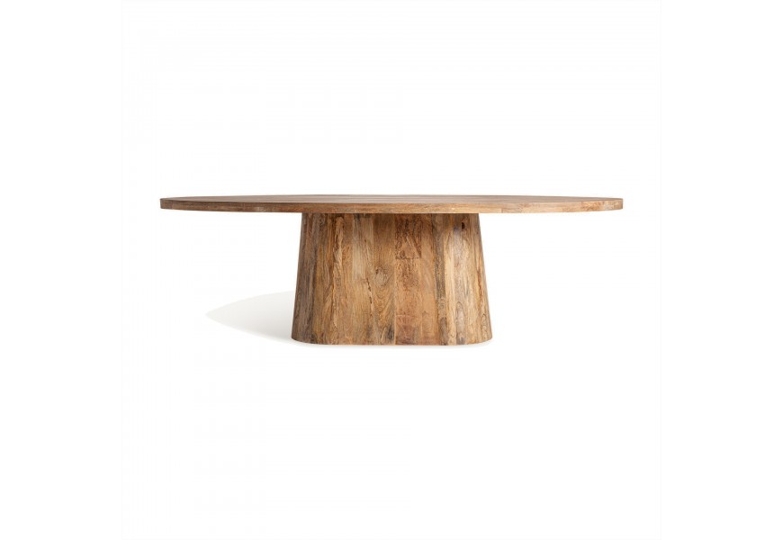Luxusný moderný konferenčný stolík s vidieckym nádychom z masívneho dreva v oválnom tvare v hnedej farbe