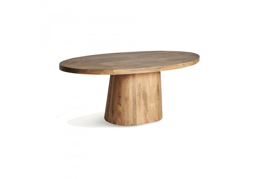 Luxusný moderný jedálenský stôl Malen z masívneho dreva v hnedej farbe v oválnom tvare s masívnou nohou vo vidieckom štýle