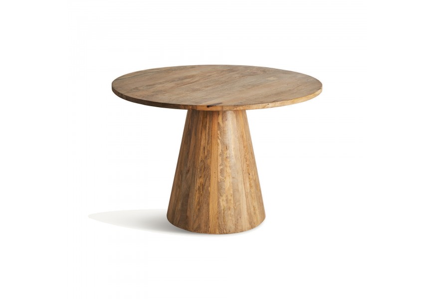 Luxusný moderný okrúhly jednálenský stôl Malen vo vidieckom štýle z masívneho dreva s podstavou v tvare zrezaného kužeľa v hnedej farbe