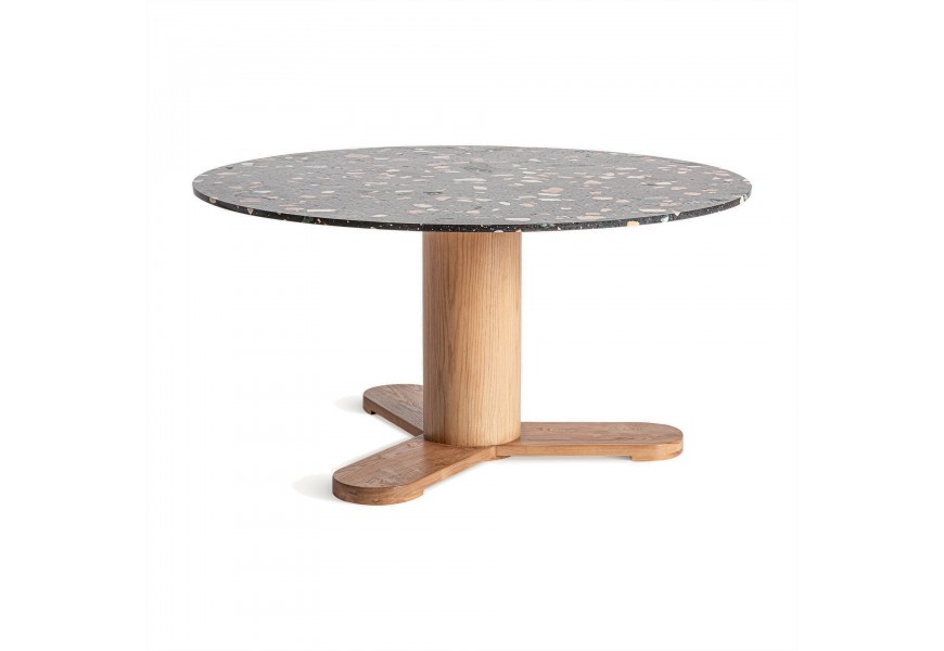 Moderný jedálenský stôl Budhir s masívnou nohou a čiernou vrchnou doskou z kameňa