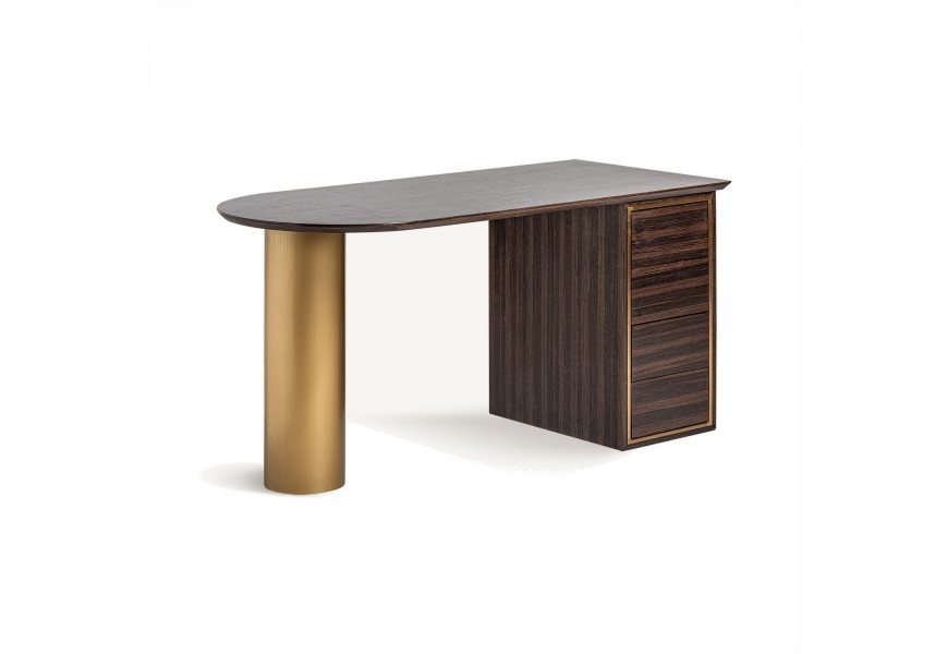 Luxusný art deco písací stôl so zlatou kovovou valcovou nohou a z masívneho hnedého dreva v glamour nádychu so štyrmi zásuvkami
