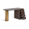 Luxusný písací stôl v art deco štýle z masívneho hnedého dreva so zlatou kovovou valcovou konštrukciou v glamour nádychu so štyrmi zásuvkami