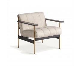 Luxusné art deco čalúnené kreslo s prešívaním v béžovej farbe a drevenou a kovovou konštrukciou v čiernej a zlatej farbe 79 cm