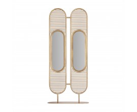 Luxusný glamour dizajnový paraván z kovovej konštrukcie zlatej farby s dvoma zabudovanými zrkadlami