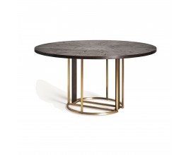 Luxusný okrúhly jedálenský stôl Midas s nohou v zlatej farbe s vertikálnym zdobením a hnedou drevenou vrchnou doskou 150 cm