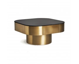 Luxusný glamour štvorcový konferenčný stolík Jackson s jednou nohou s mramorovou doskou so zaoblenými rohmi čierna zlatá 100 cm