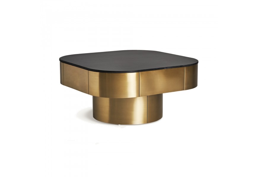Luxusný glamour štvorcový konferenčný stolík Jackson s jednou nohou s mramorovou doskou so zaoblenými rohmi čierna zlatá 100 cm