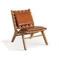 Luxusné kožené kreslo Remus z jaseňového dreva s koženými vankúšmi na chrbtovej a sedacej časti upevnenými popruhmi s prackou v koňakovej hnedej farbe