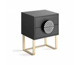 Luxusný art deco nočný stolík Tesoreria v čiernej farbe s dvomi zásuvkami s úchytkou z kosťovou inkrustáciou 50 cm
