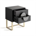 Luxusný art deco nočný stolík Tesoreria v čiernej farbe s dvomi zásuvkami s úchytkou z kosťovou inkrustáciou 50 cm