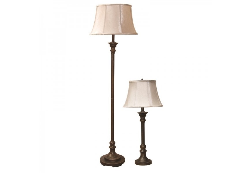 Vintage set stolnej a stojacej lampy Derlea s krémovým tienidlom a hnedou kovovou podstavou 157/81cm
