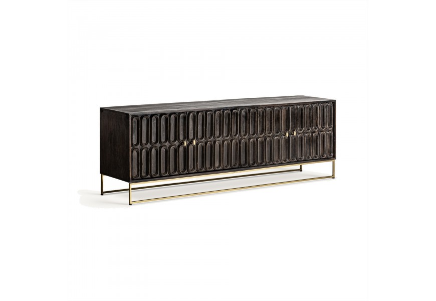 Luxusný štvordverový art deco TV stolík Eclair s reliéfnym elipsovým zdobením a so zlatými kovovými úchytkami a lineárnymi nožičkami z masívneho mangového dreva v tmavej čokoládovej hnedej farbe